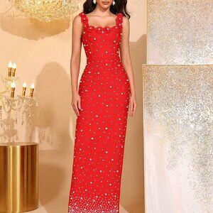 Red Elegant Women's Sparkling Pearl 3D Floral Square Neck Bodycon Dress